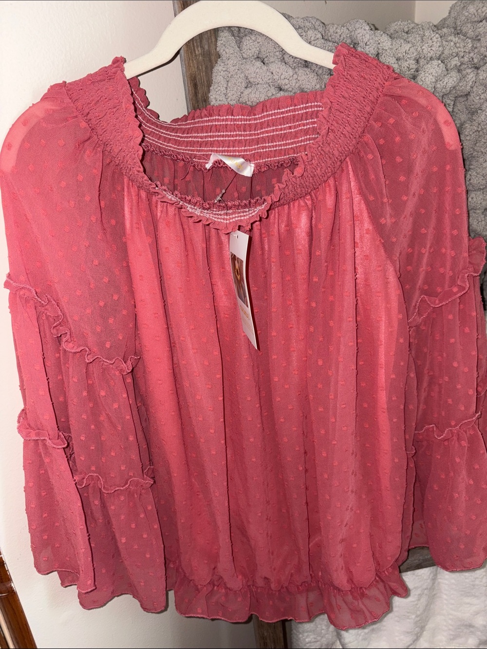 Women's Pink Swiss Dot Smocked Neck Blouse